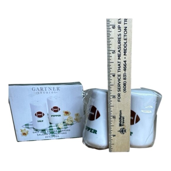 Football Ceramic Salt & Pepper Shakers Gartner Studios 3” NIP - Picture 4 of 4